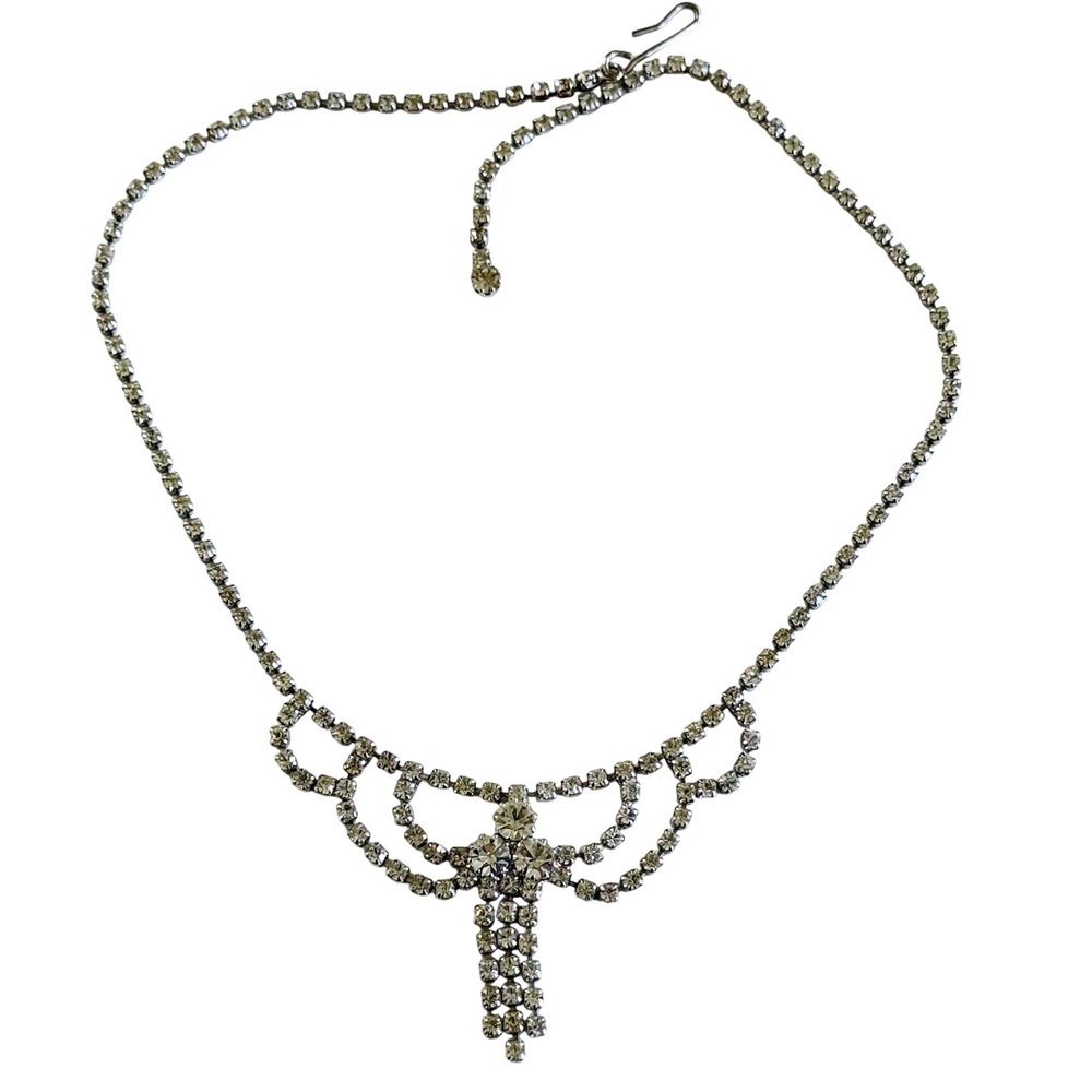 Necklace VTG clear Crystal Rhinestone choker Fringe jeweled bridal 50s 15"